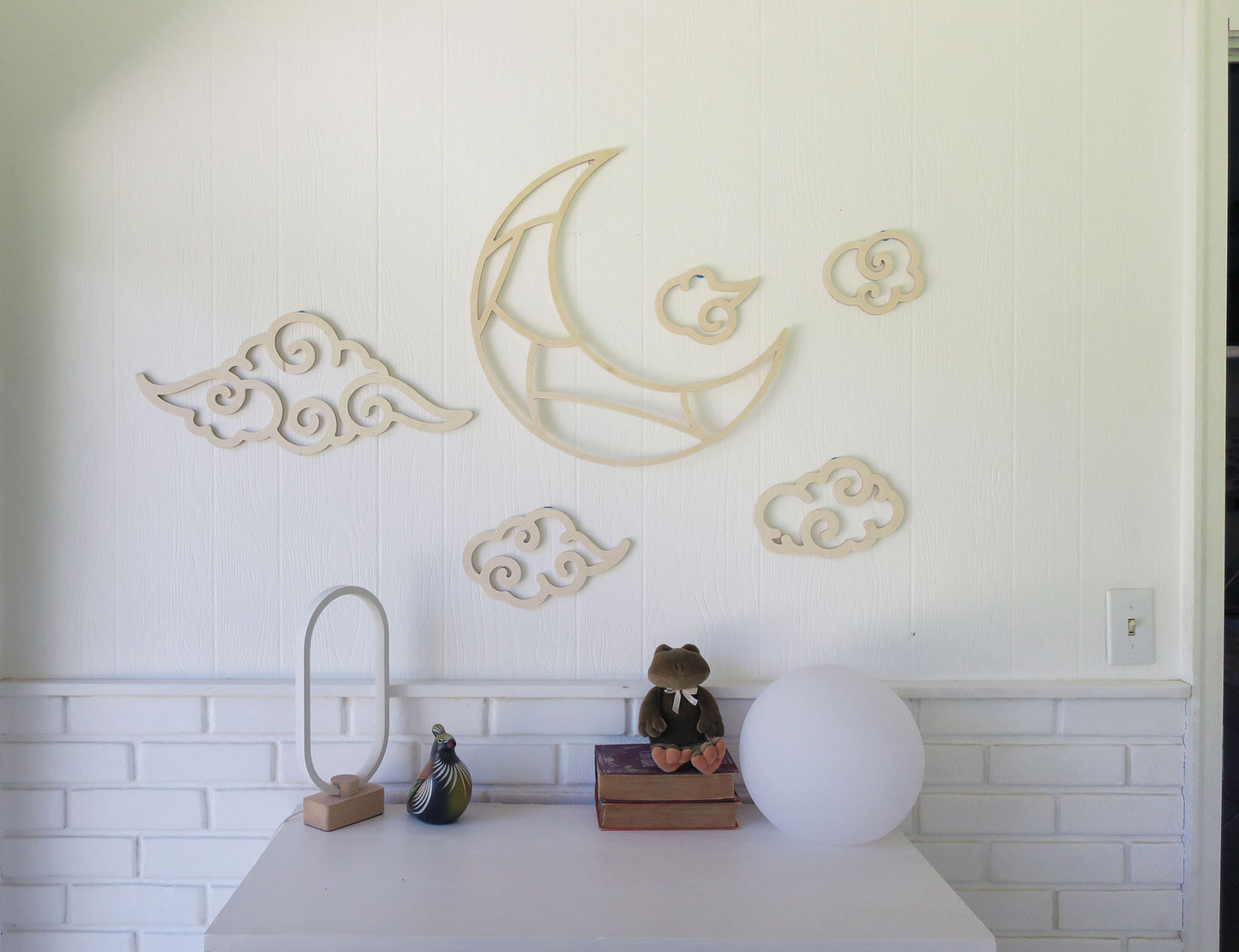 Large wood crescent moon with clouds