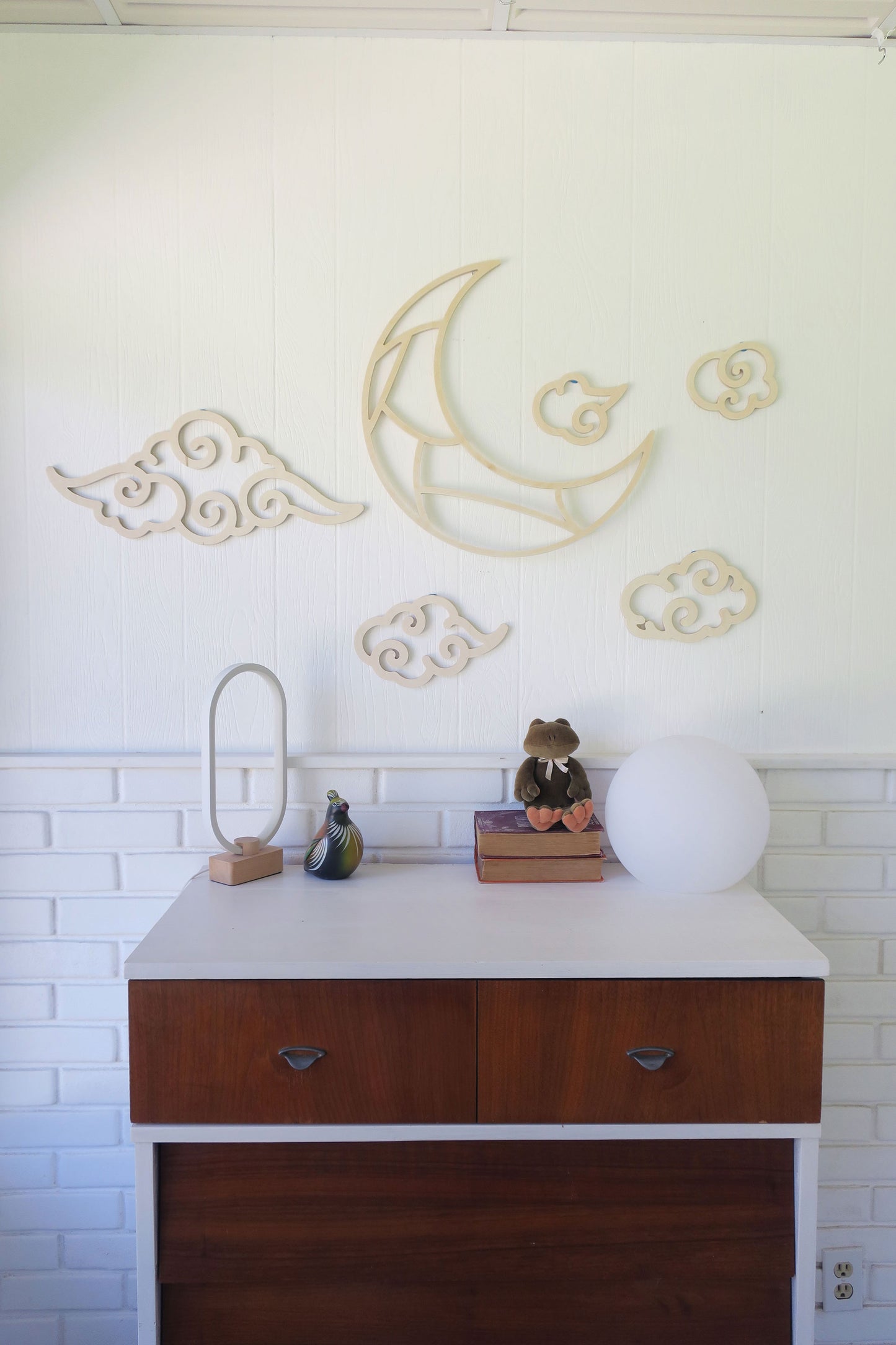 Large wood crescent moon with clouds
