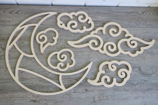 Large wood crescent moon with clouds
