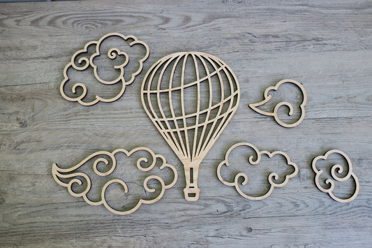 Wood balloon with clouds wall decor